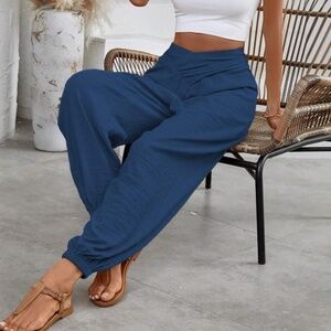 Blue Ruched Stretchy waist Jogger Pants